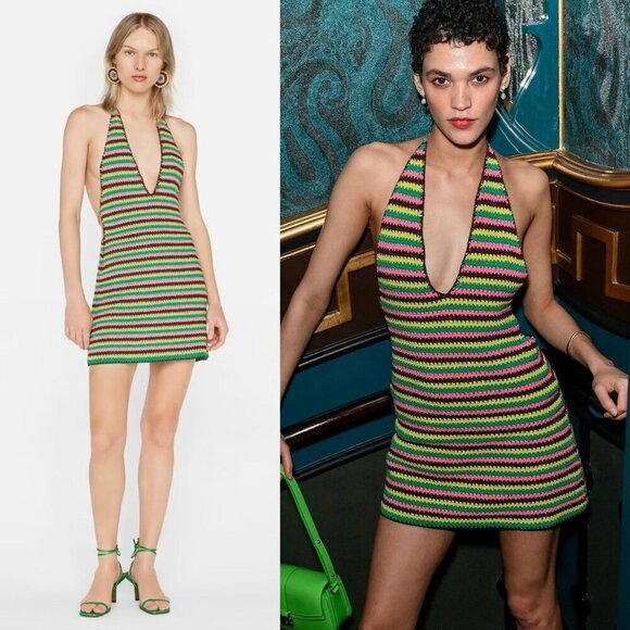 Frame x Julia Sarr Jamois Pink Green Striped Crochet‎ Halter Mini Dress Size M - Picture 9 of 11